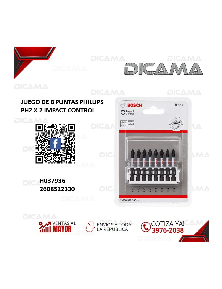 JUEGO DE 8 PUNTAS PHILLIPS PH2 X 2 IMPACT CONTROL
