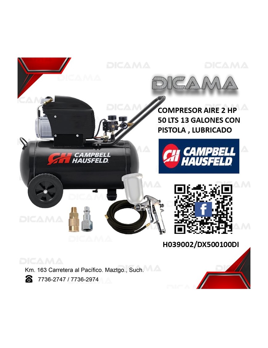 COMPRESOR AIRE 2 HP 50 LTS 13 GALONES PISTOLA/MANGUERA/ACOPLES