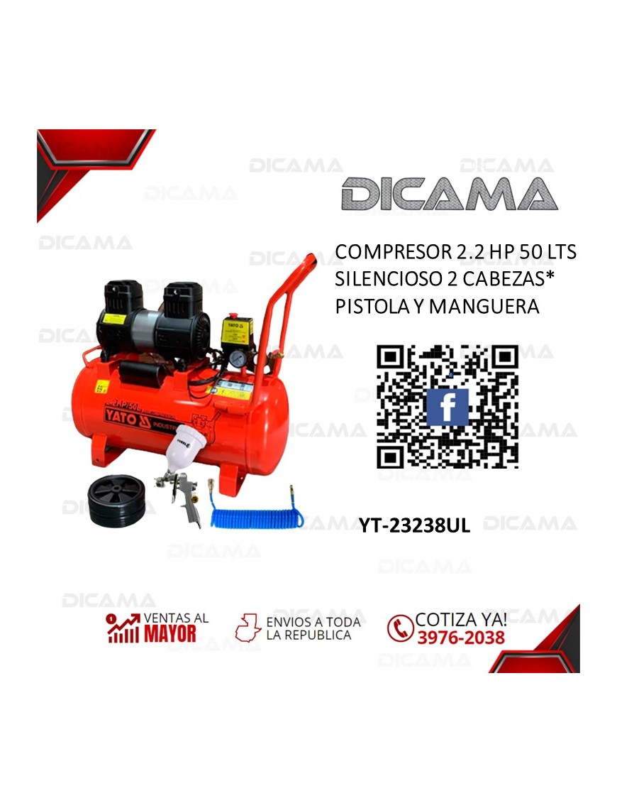 COMPRESOR AIRE 2.2 HP 50 LTS SILENCIOSO 2 CABEZAS* PISTOLA Y MANGUE