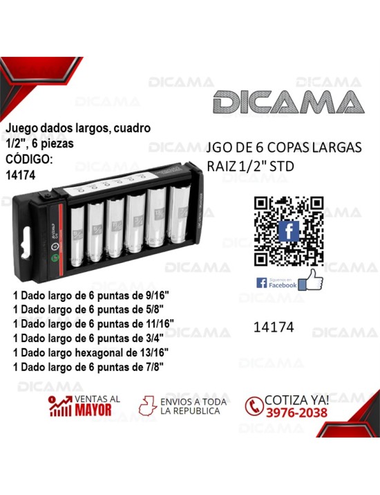 COPAS JUEGO RAIZ 1/2"  6 PZAS 9/16"-7/8"LARGAS STD