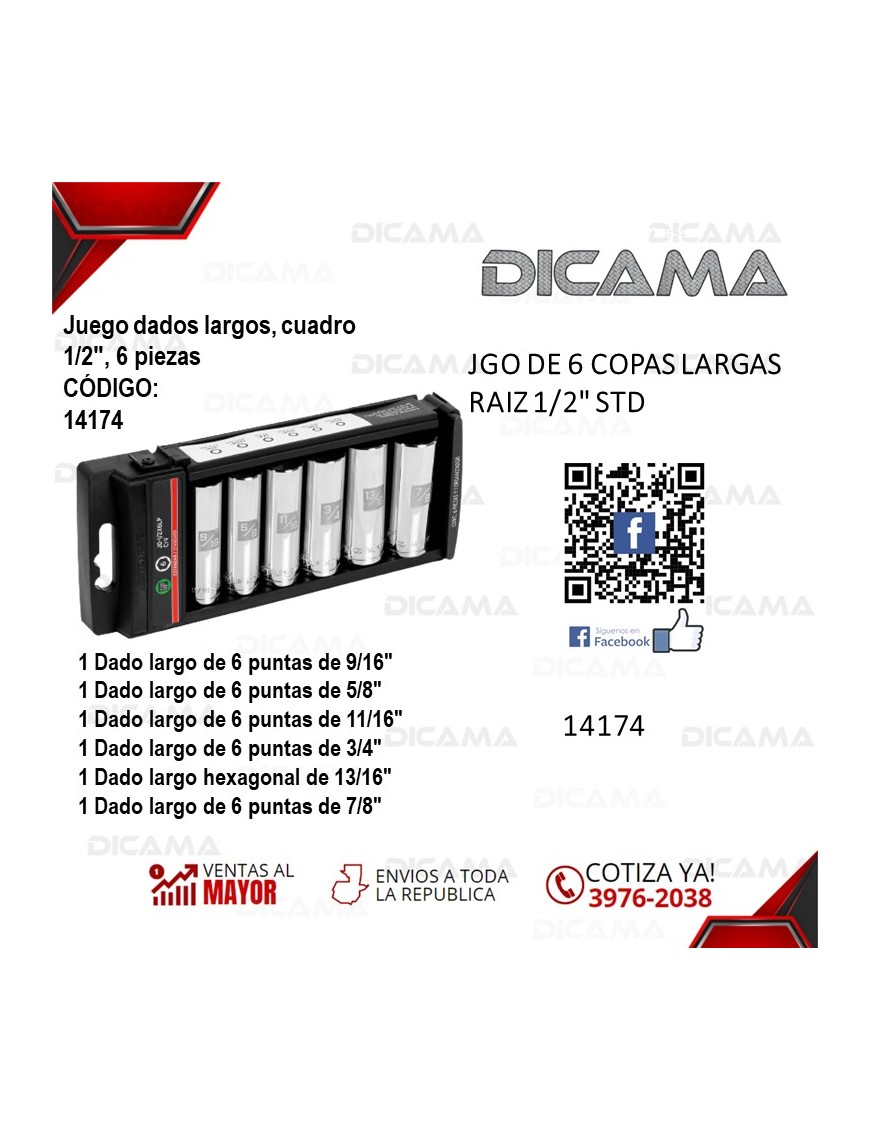 COPAS JUEGO RAIZ 1/2"  6 PZAS 9/16"-7/8"LARGAS STD