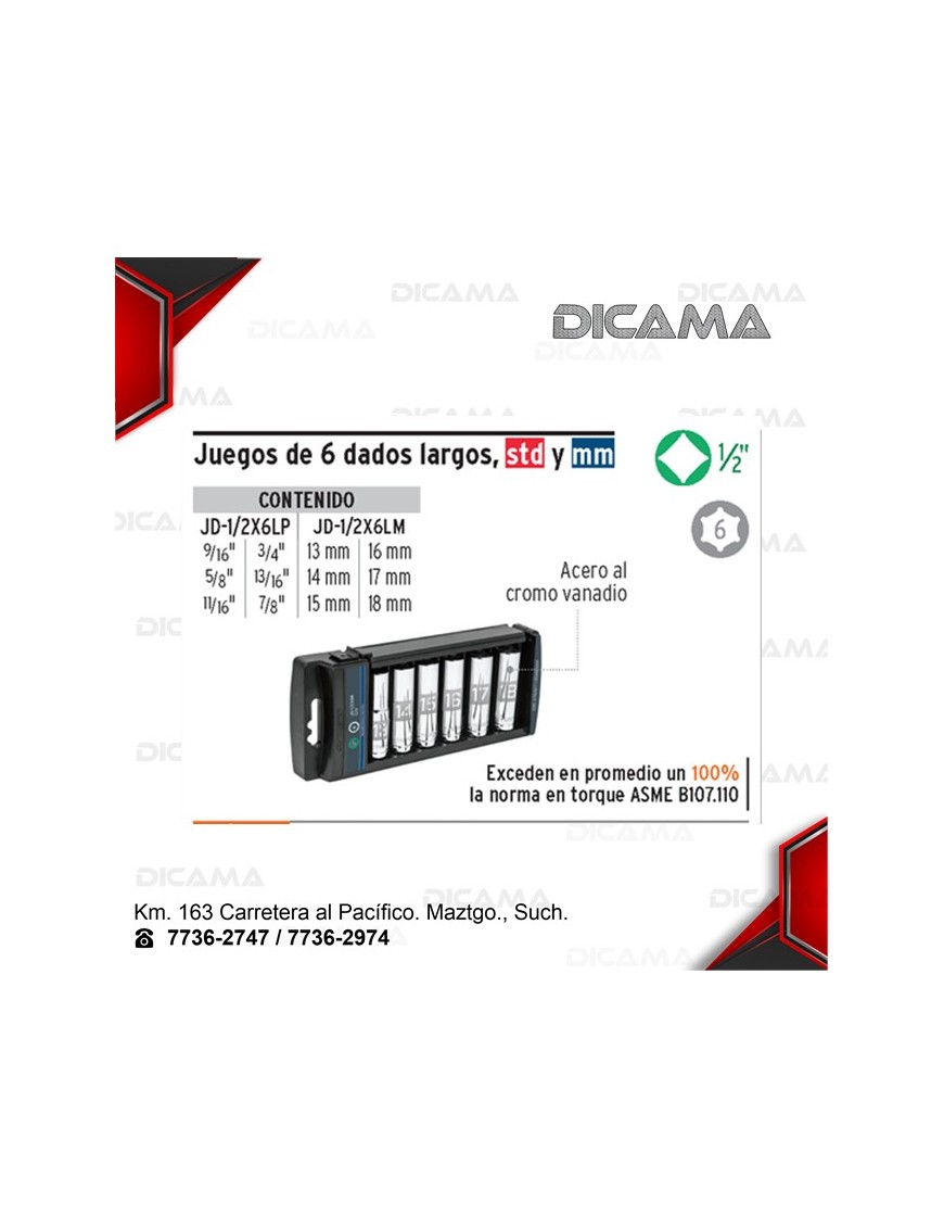 COPAS JUEGO RAIZ 1/2"  6 PZAS 9/16"-7/8"LARGAS STD