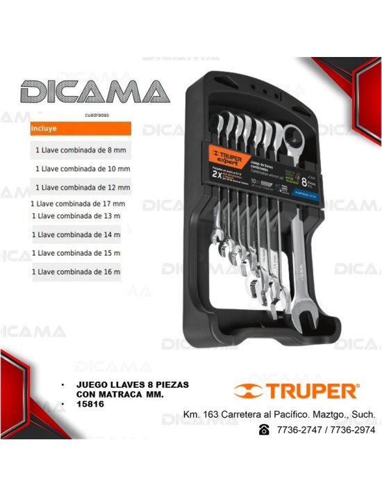 JUEGO LLAVES 8 PZAS CON RACHT 8-16MM