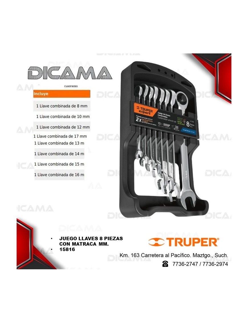 JUEGO LLAVES 8 PZAS CON RACHT 8-16MM