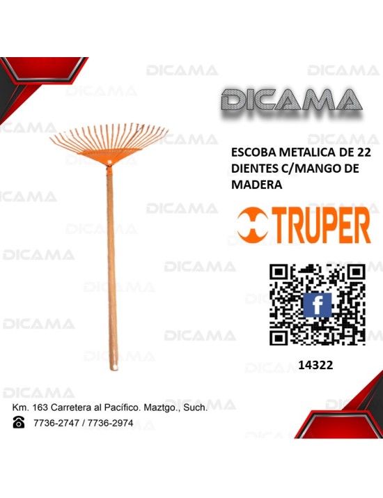 ESCOBA PARA JARDIN METALICA 22 DIENTES C/MANGO
