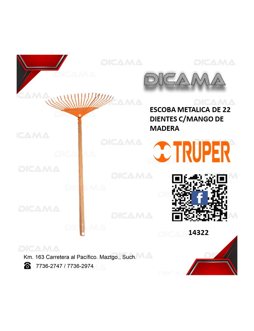 ESCOBA PARA JARDIN METALICA 22 DIENTES C/MANGO