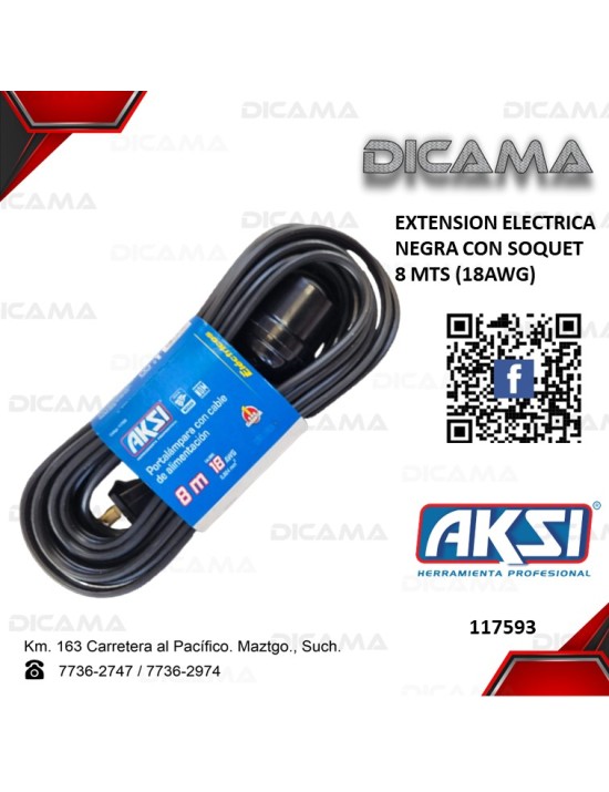 EXTENSION ELECTRICA 8 METROS NEGRA CON SOQUET