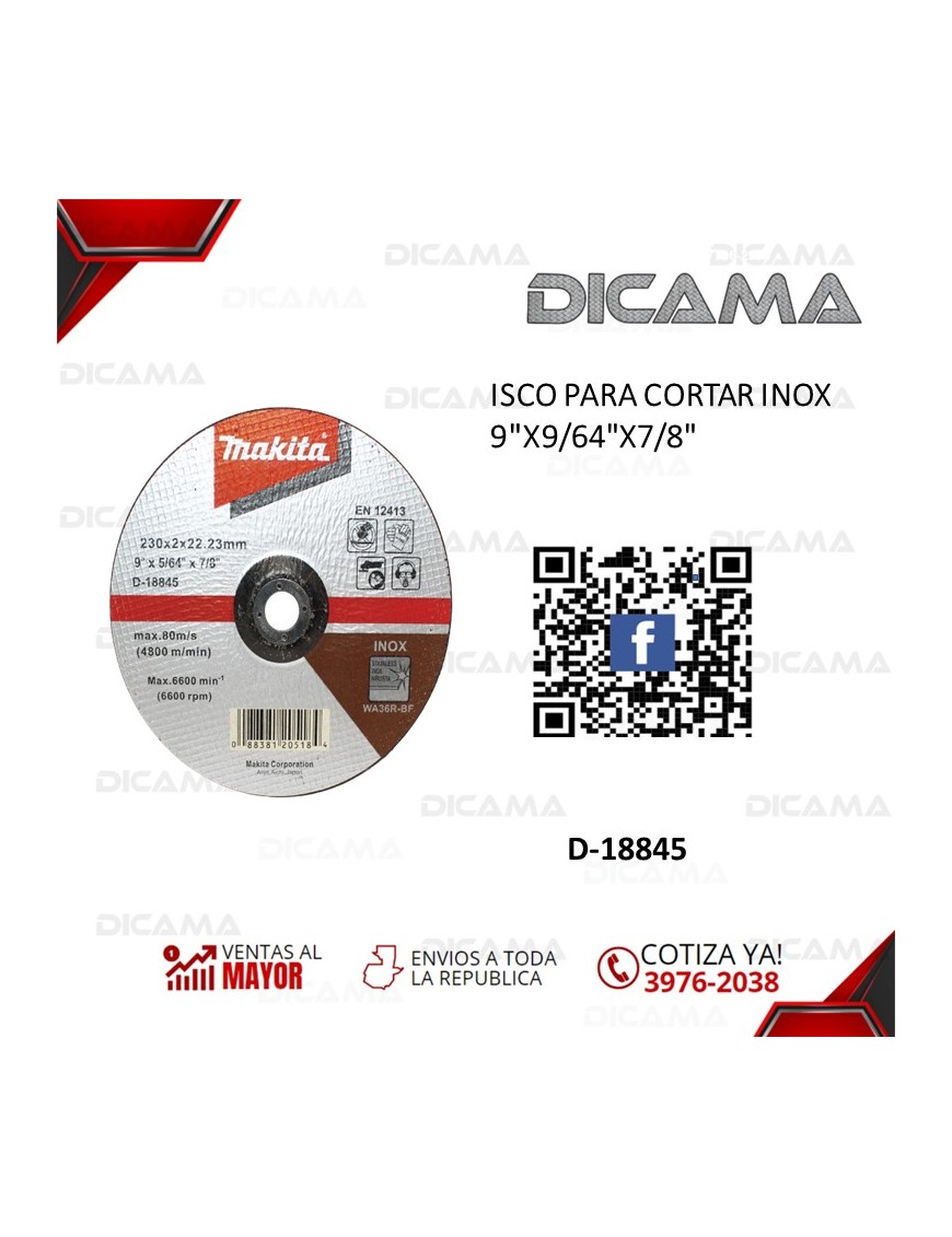 DISCO PARA CORTAR 9"X9/64"X7/8" INOX