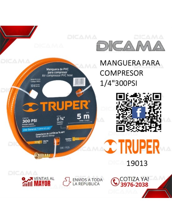 MANGUERA PARA COMPRESOR 5MTS 1/4"300PSI