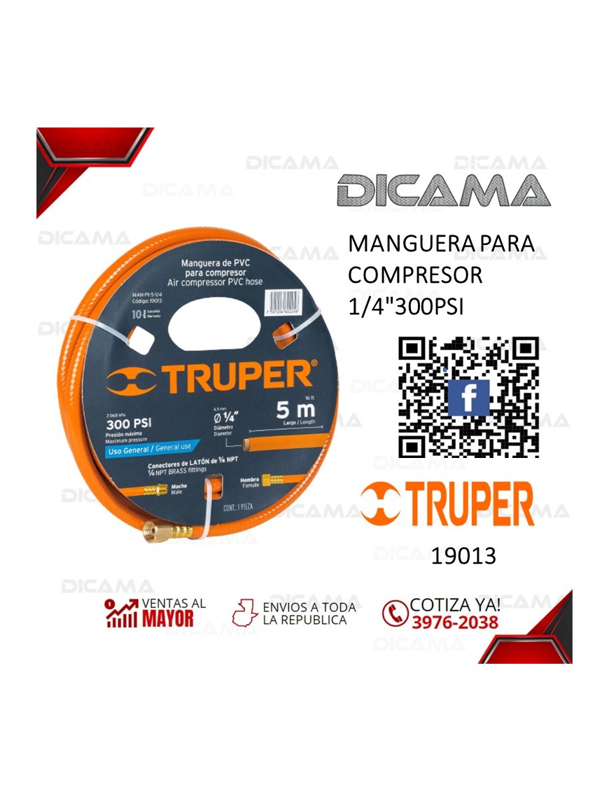 MANGUERA PARA COMPRESOR 5MTS 1/4"300PSI