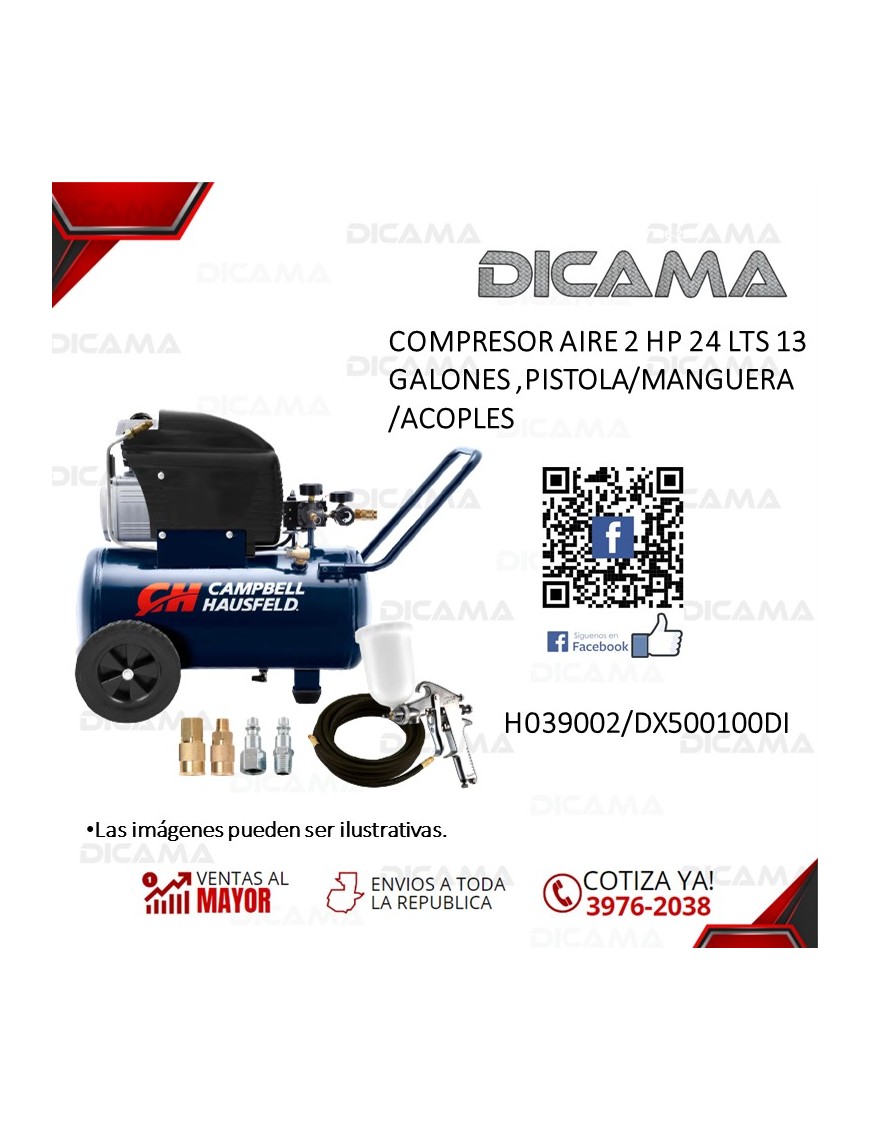COMPRESOR AIRE 2 HP 24 LTS 13 GALONES , PISTOLA/MANGUERA/ACOPLES